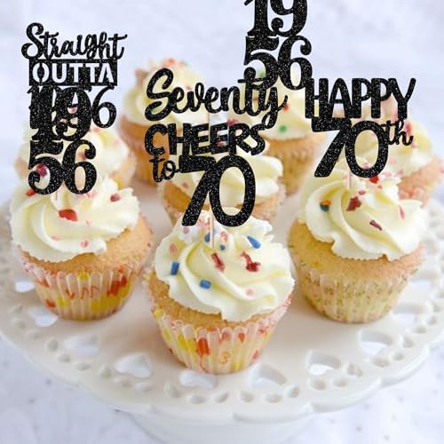 30PCS Black 70th Birthday Cupcake Toppers Glitter Seventy Happy 70th Straight Outta 1956 Cupcake Picks for Cheers to 70 Years Birthday Anniversary Retirement Party Cake Decorations Supplies