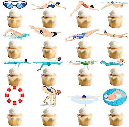 36Pcs Swimming Cupcake Toppers Swim Team Cupcake Toppers Swimming Birthday Party Cake Picks Swimming Pool Party Decorations for Summer Swimming Pool Baby Shower Supplies