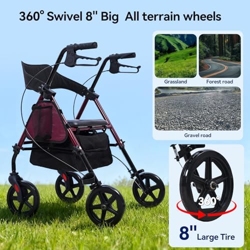 2026 Upgrade ByteTecpeak Walkers for Seniors with Seat,R4 Rollator Walker with 8" Big Wheels for All Terrain,Lightweight Foldable Rolling Walkers with Brake,Adjustable Upright Walker Supports 330lb