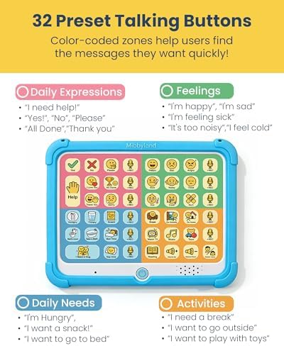 MibbyTalk AAC Device for Autism & Nonverbal Kids and Adults, Communication Tool for Home & School Use and Speech Therapy – 32 Preset Buttons, 11 Recording Buttons with Stickers, Silicone Case, Blue