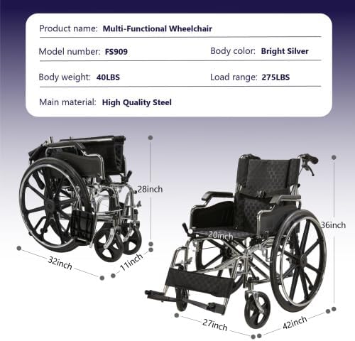 Lightweight Foldable Manual Wheelchair for Adults with 20" Seat & 275 lbs Capacity - Front/Rear Locking Brakes, 24" Quick-Release PU Wheels, Removable Footrest (Silver)