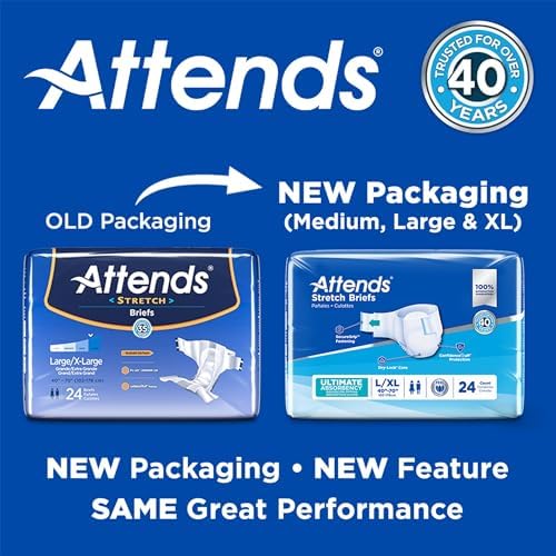 Attends Stretch Adult Incontinence Disposable Briefs, Medium/Regular 31"-52" Waist with SecureGrip Tab Closure, Ultimate Absorbency with Dry-Lock Containment Core and Breathable Side Panels, 96ct Case