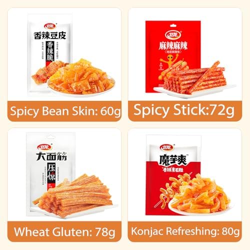 Chinese Spicy Snack Variety Pack, 4 Flavors - soybean skin, Gluten Strips, Konjac Jelly, Spicy Bars, Non-Fried, 60g-80g Bags