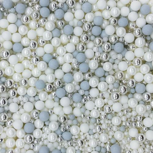 Dynastang Mixed Size Light Grey & Silver & White Pearls Sprinkles Edible Pearls Cake Decorations Cupcake Toppers Decorating Perfect for Cakes, Cupcakes, Desserts 3OZ