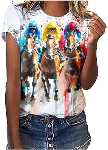 Womens Horse Racing Tops Cap Sleeve Summer Retro Blouse Crew Neck Tee Shirt Stylish Workout Tshirts for Ladies