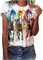 Womens Horse Racing Tops Cap Sleeve Summer Retro Blouse Crew Neck Tee Shirt Stylish Workout Tshirts for Ladies