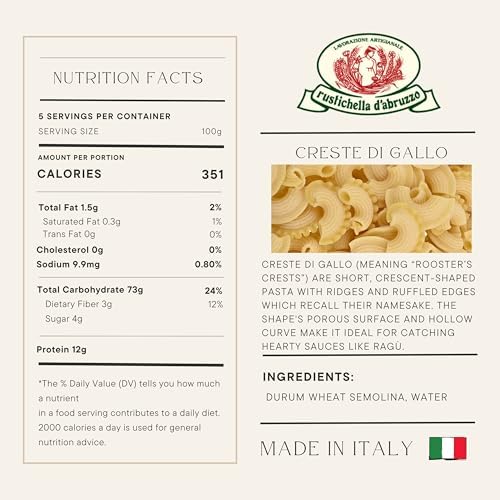 Rustichella d’Abruzzo Creste di Gallo Pasta 500g (17.6oz) | Authentic Italian Short Pasta from Abruzzo | Artisan Durum Wheat Semolina | Traditional Curved Ruffled
