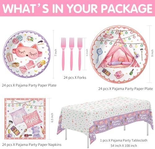 Sleepover Party Supplies For Girls - Pajama Party Decorations Tableware, Disposable Paper Plate, Napkin, Tablecloth, Fork, Sleep Over Slumber Birthday Party Supplies Dinnerware | Serve 24