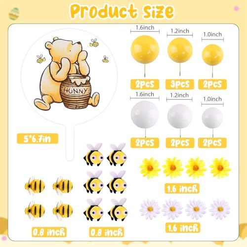 MEMOVAN Winnie Bear Cake Topper Winnie Baby Shower Cake Decorations Pooh Bear Toppers Yellow White Balls Cupcake Picks with Classic Pooh Bees Daisys Flowers for Oh Baby Bee Theme Shower Birthday Party