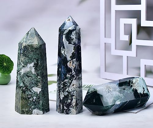 Large Moss Agate Towers Green Crystal Point Obelisk 6 Faceted Healing Crystal Stone Wand for Meditation Gift 1.3-1.7 Pound