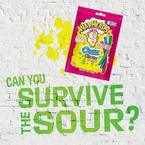 WARHEADS Ooze Chewz Ropes - Chewy Candy Ropes with Sour Filling - Watermelon, Blue Raspberry & Green Apple Flavors - 3 oz. Bags - 6 Pack