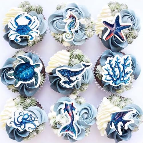 45PCS Edible Deep Sea Animals Cupcake Topper Edible Starfish Octopus Crab Jellyfish Dolphin Starfish Seahorse Cupcake Picks for Royal Blue Baby Shower Under the Sea Birthday Party Decorations