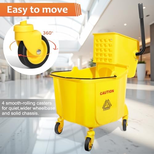 38 Qt Commercial Bucket with Side Press Wringer on Wheels, Yellow Industrial Set for Floor Cleaning, Including 1 Industrial Mop and Wet Floor Caution Sign, Beyoco