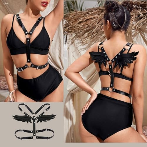 2 PCS Women's Body Chest Harness Belt with Angel Wings Sexy Adjustable Leather Body Caged Gothic Waist Harness Belts BDSM Black PU Bondage Leg Garter Roleplay Cosplay Halloween Party Clubwear