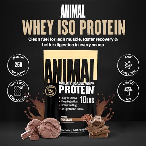 Animal Whey Isolate Protein Powder - Loaded for Pre & Post Workout Muscle Builder and Recovery with Digestive Enzymes for Men & Women - 25g Protein, Great Taste, Low Sugar - Chocolate 10 lbs