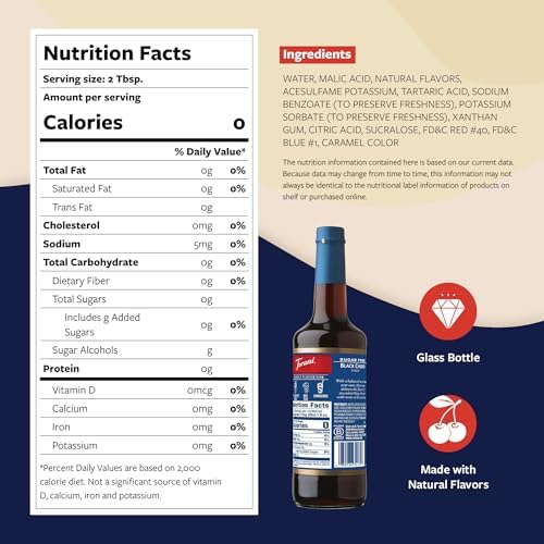 Torani Sugar Free Syrup, Black Cherry Flavored Syrup for Drinks, Zero Calorie, Glass Bottle with Pump Included, 25.4 Fl Oz