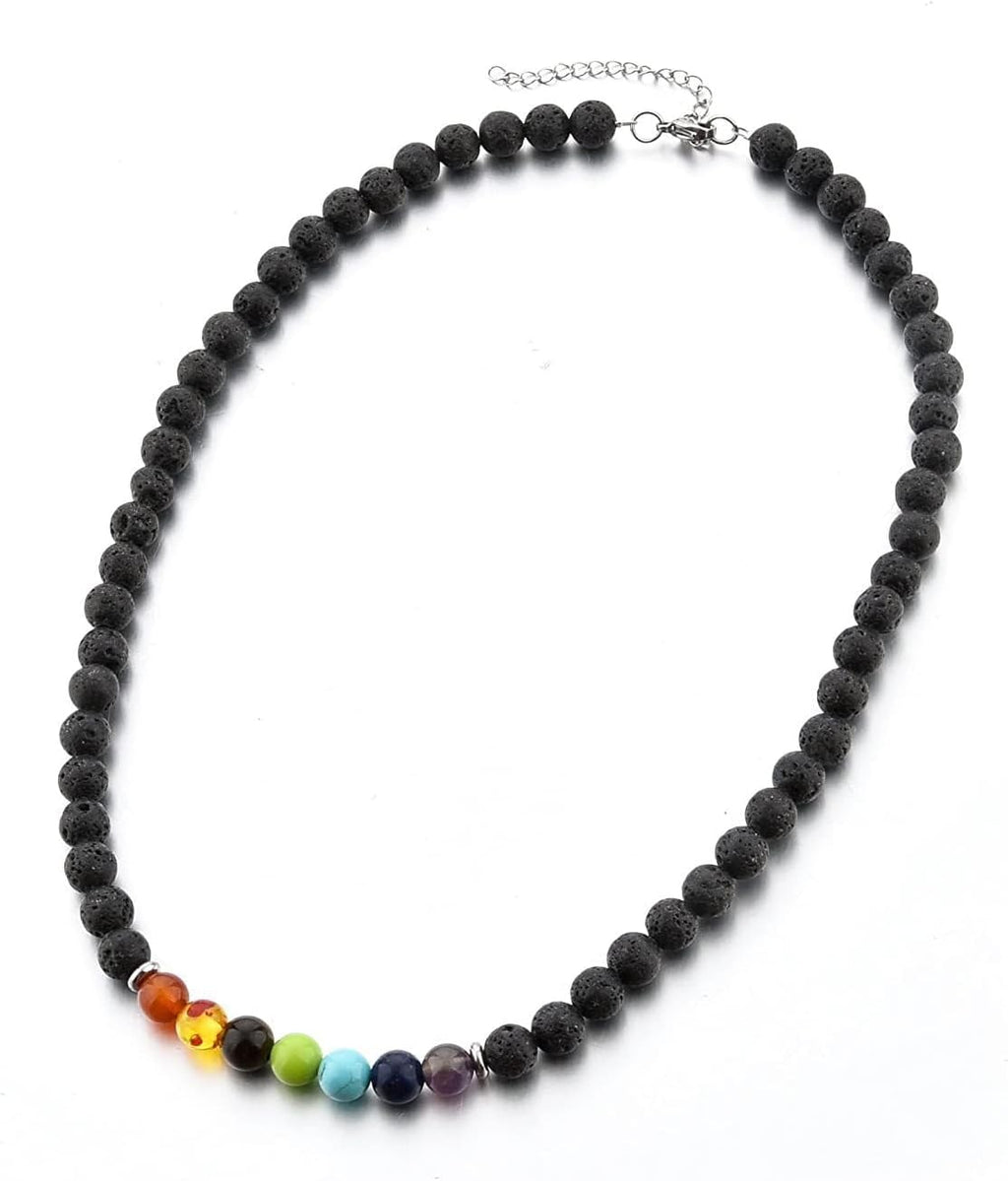 Pingyongchang 7 Chakra Beaded Stone Strand Necklaces for Women Men Luck Natural Black Rock Lava Gemstone Chokers Reiki Healing Stone Long Pendant Necklace Christmas Birthday Gifts-7 Chakra