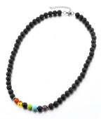Pingyongchang 7 Chakra Beaded Stone Strand Necklaces for Women Men Luck Natural Black Rock Lava Gemstone Chokers Reiki Healing Stone Long Pendant Necklace Christmas Birthday Gifts-7 Chakra