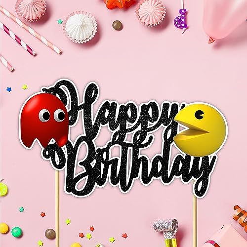 "Pacmn Ghost Happy Birthday Cake Topper – Retro Arcade Game Theme Party Decoration – Fun Gamer Birthday Cake Topper Boys, Girls, Teens, and Adults – Classic Video Game Birthday Party Supplies"