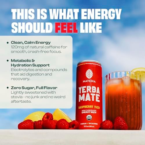 Mateina Yerba Mate Zero Sugar Energy Drink – 120mg Natural Caffeine – Organic, Non-GMO, Non-Carbonated – Dr. Andrew Huberman Recommended – (12 fl oz Cans, 12 Pack) Raspberry Yuzu