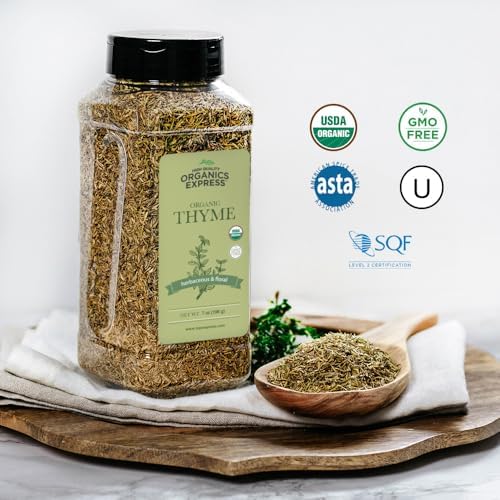 HQOExpress Organic Thyme Leaf – Non GMO, Kosher, USDA Certified Organic Dried Thyme Leaves – Aromatic and Savory Seasoning for Pastas, Soups and Stews, 7 oz. Chef Jar