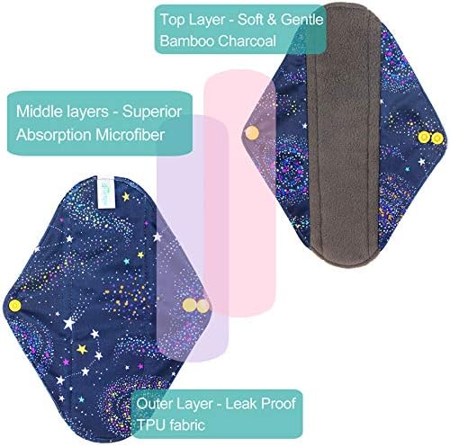Leekalos Bamboo Menstrual Cloth Pads - Reusable Sanitary Pads for Light Incontinence - Pack of 6, 1 Cloth Mini Wet Bag