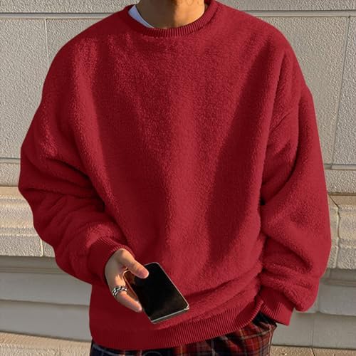 Mens Fleece Sherpa Crewneck Sweatshirts Loose Fluffy Fuzzy Pullover Sweaters Long Sleeve Unisex Fall Winter Warm Tops