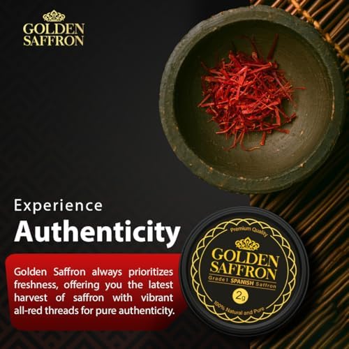 Golden Saffron, Premium Spanish Saffron Threads, Pure Red Spanish Saffron Spice Threads, For Culinary Use Such as Tea, Paella Rice, Risotto, Tachin, Basmati Rice (2 Grams)