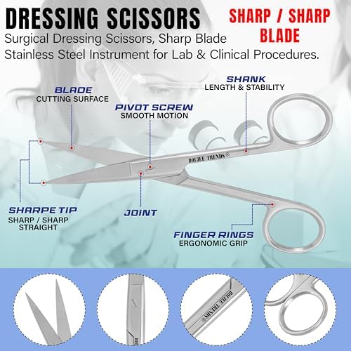 Precise Quality Stainless Steel Surgical Dressing Scissors Medical Dissecting Sharp Scissors Straight General Art Craft Paper Shears (Sharp/Sharp)