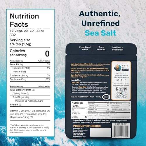 Baja Gold Signature Mineral Sea Salt - Recommended by Gary Brecka - Authentic Fine Grind Salt for Cooking & Baking | Natural Baja Salt for Culinary Uses | Great for Finishing Dishes | 1 lb. Resealable Bag, 300+ Servings