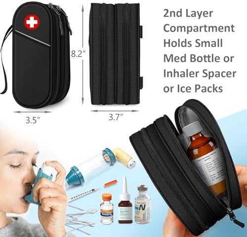 SITHON Double-Layer Epipen Carrying Case, Travel Medication Organizer Bag Emergency Medical Pouch Holds 2 EpiPens, Asthma Inhaler, Anti-Histamine, Auvi-Q, Allergy Medicine Essentials (Black)