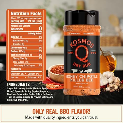 Kosmos Q Honey Chipotle Killer Bee BBQ Dry Rub, Sweet and Spicy Seasoning with Sugar, Chipotle, Garlic & Paprika for Ribs, Pulled Pork, Chicken, Dry Rub For Smoking & Grilling, 12.6 Oz Shaker Bottle
