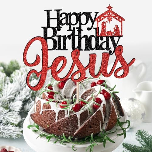 Happy Birthday Jesus Cake Topper Glitter Jesus Birthday Cake Pick Merry Christmas Cake Decorations for Nativity Scene Christmas Birthday Party Supplies (Black Red Jesus)