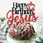Happy Birthday Jesus Cake Topper Glitter Jesus Birthday Cake Pick Merry Christmas Cake Decorations for Nativity Scene Christmas Birthday Party Supplies (Black Red Jesus)