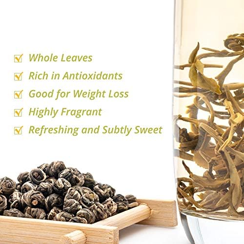 Oriarm Jasmine Pearls Tea Loose Leaf - Chinese Dragon Pearls Jasmine Green Tea Leaves - 1st Grade - Brew Hot or Iced Tea - 250g Ziplock Resealable Bag