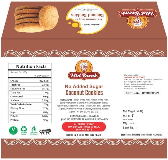 MidBreak Sugar-Free Coconut Biscuits - High Fiber Gut-Friendly Low Glycemic Index Cookies Tasty Healthy Snacks Pack of 1