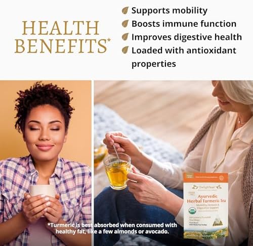 DelighTeas Ayurvedic Herbal Turmeric Tea Bags for Mobility Support | Eco-friendly Compostable Pyramid | Organic Turmeric, Ginger, Lemongrass & Licorice | Caffeine-Free, Kosher | 30 Tea Bags 4g Each