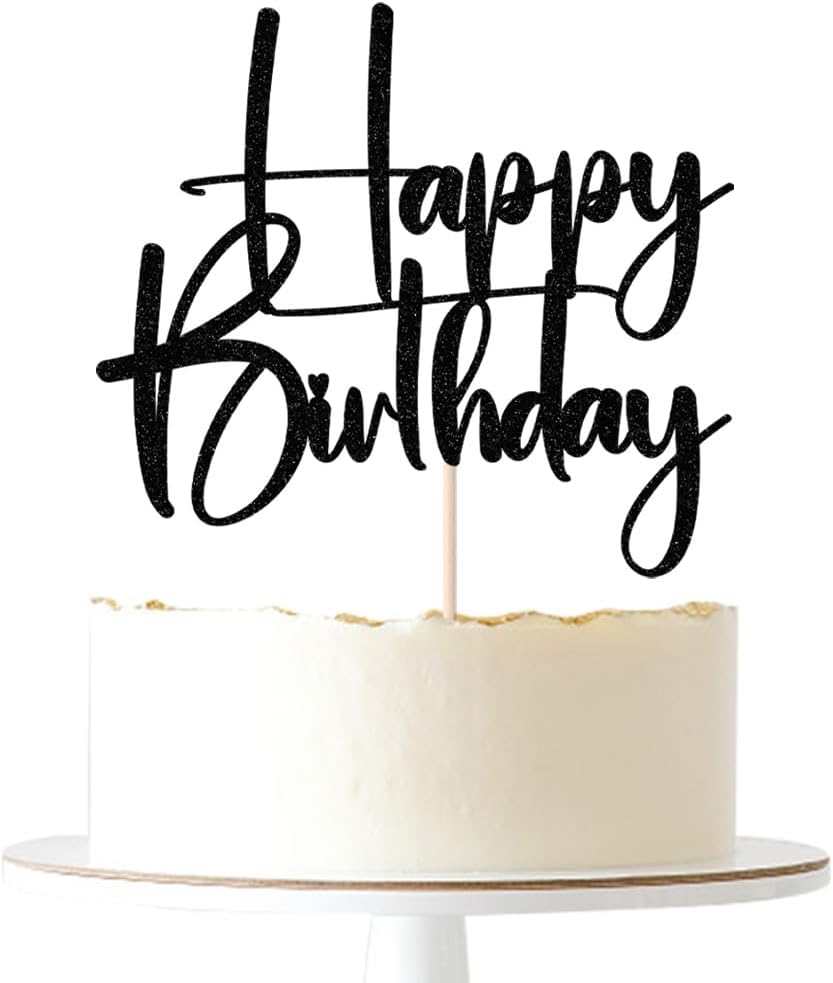 Happy Birthday Cake Topper,black Glitter Cake Pick Bunting Decor for Anniversary Birthday Party Cake Decorations Supplies