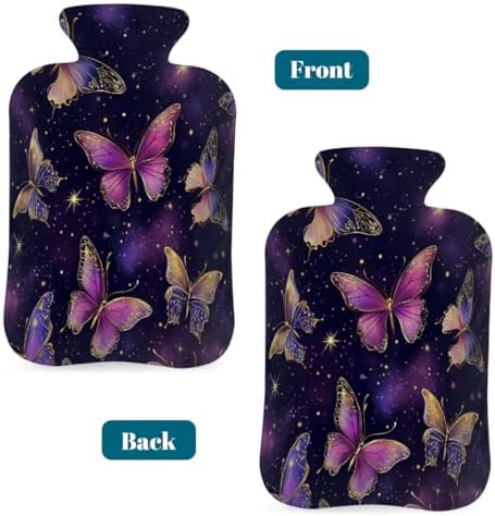 Hot Water Bottle with Cover 2L Purple Golden Butterfly Hot Water Bag for Pain Relief Period Cramps, Winter Warmer