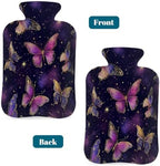 Hot Water Bottle with Cover 2L Purple Golden Butterfly Hot Water Bag for Pain Relief Period Cramps, Winter Warmer