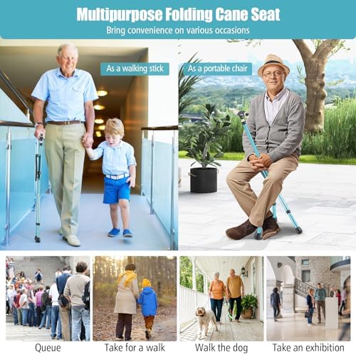 Goplus Walking Cane with Seat, Heavy Duty Aluminum Alloy Crutch Chair with LED Light and Retractable 3 Legs, Portable Anti-Slip Seat Cane, Lightweight Walking Stick for Seniors Elderly