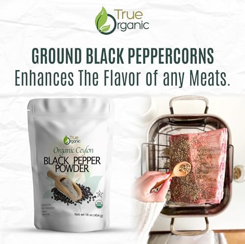 True Organic Black Pepper Ground, 1 lb, Gluten-Free Premium Grade, Fine Ground Pepper USDA & Kosher Certified, Pure Ceylon Quality, Non-GMO Black Pepper Powder.