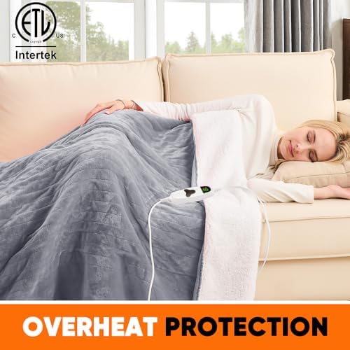 greenoak Heated Blanket Electric Throw 50"X60", Heating Blanket with 10 Heat Levels 1/2/4/6/8 Hours Auto-Off,Fleece Soft Sherpa Blanket,Gifts for Grandma Mom Seniors, Misty Grey