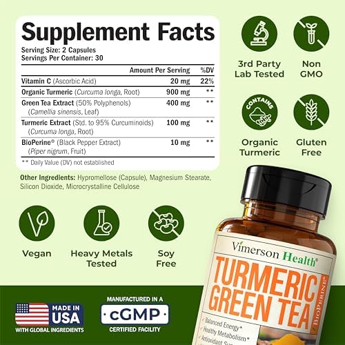 Turmeric Curcumin Supplement with Green Tea Extract (ECGC) & Vitamin C for Joint Health, Energy & Inflammation Balance - Organic Tumeric Curcumin with Black Pepper - Gluten-Free, Non-GMO. 2-Pack