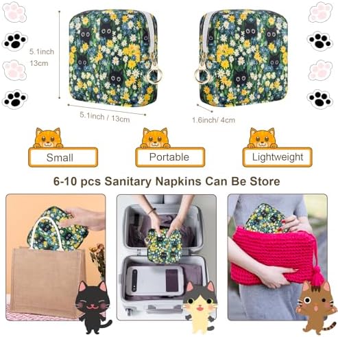 Likesing Tampon Holder for Purse, Canvas Period Bag Sanitary Napkin Storage Bag for Girls Womens, Portable Feminine Emergency Pad Period Pouch(Daisy Black Cat)