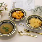 50 Pack Black Disposable Soup Bowls with Gold Rim,12oz Disposable Soup Bowls,Disposable Soup Dessert Salad Bowls for Wedding/Party/Catered Events