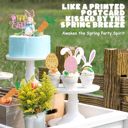 24 Pcs Easter Cupcake Toppers Glitter Rabbit Theme Bunny Ears Carrot Egg Cake Toppers Picks for Bunny Happy Easter Baby Shower Spring Birthday Party Cake Decorations