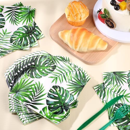 Engrowtic 100 Pcs Tropical Palm Leaf Napkins Luncheon Paper Hawaiian Luau Napkins 6.5 x 6.5'' Square Safari 2 Ply Disposable Jungle Baby Shower Party Decorations for Summer Birthday Supplies