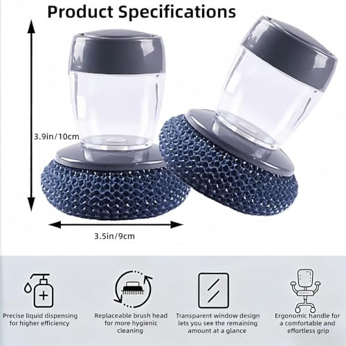 Brush with Soap Dispenser for Non-Stick Pans - Leak-Resistant Multifunctional Pot Scrubber, Gentle Cleaning Brush with 6 PET Refill Heads for Dishes & Kitchen