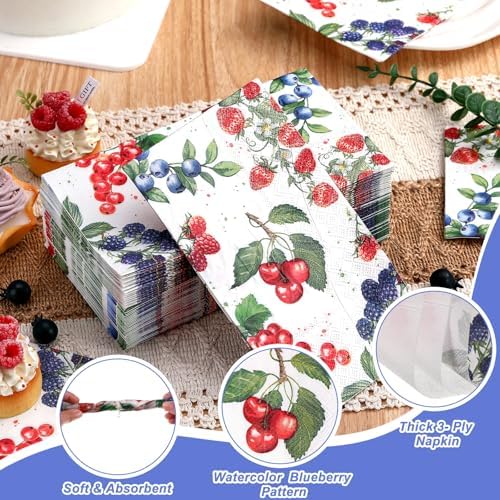 Supervitae 50 Pack Summer Fruit Paper Guest Napkins 3 Ply Disposable Summer Berry Hand Towels Fruit Decorative Paper Bathroom Napkins for Baby Shower Birthday Holiday Table Home Party Supplies